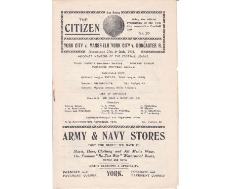 YORK-MANSFIELD / DONCASTER 1931    York programme for first team game v Doncaster 26/12/1931 and for Midland League Reserves 