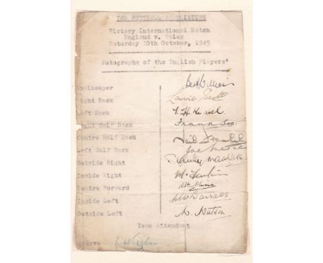 ENGLAND FOOTBALL AUTOGRAPHS 1945    Set of England team autographs for the game v Wales , 20/10/45 at Wembley. Signatures com