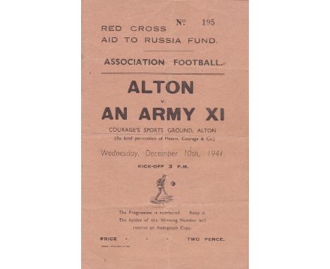 REPRESENTATIVE MATCH 1941   Very scarce programme, Alton v Army XI, 10/12/41 at Courage Sports Ground, Alton. Charity match i