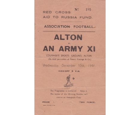 REPRESENTATIVE MATCH 1941   Very scarce programme, Alton v Army XI, 10/12/41 at Courage Sports Ground, Alton. Charity match i