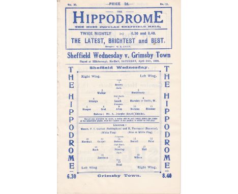 SHEF WED - GRIMSBY 1930  Wednesday home programme v Grimsby, 26/4/1930, Wednesday had beaten Derby 6-3 a few days previously 