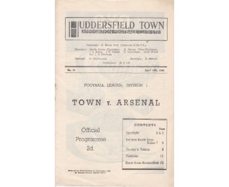 ARSENAL    Programme for the away League match v Huddersfield Town 10/4/1948, Championship winning match. The match ended in 