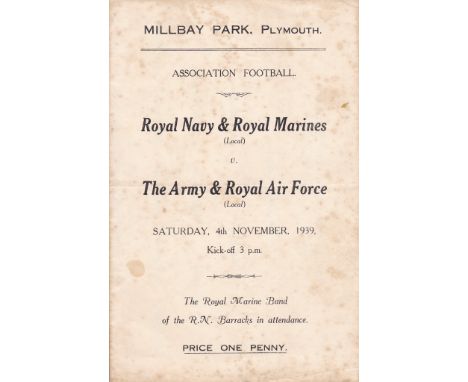 WARTIME 1939 at PLYMOUTH   Very scarce four page representative programme dated 4/11/1939 for game Royal Navy & Royal Marines