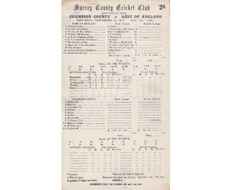 CRICKET -OVAL 1926   Scorecard for Champion County (Lancashire) v Rest of England, September 1926 at The Oval, four day game,