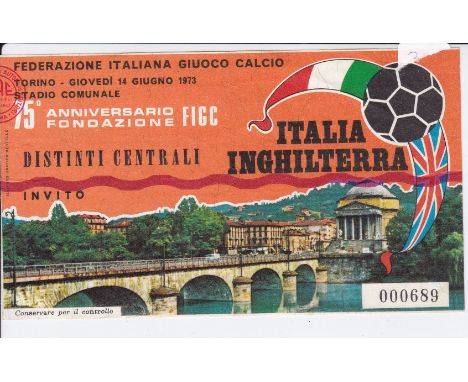 ITALY / ENGLAND - TICKET    Ticket Italy v England World Cup Qualifier 14 June 1973. Bobby Moore's 107th Cap and last away ga