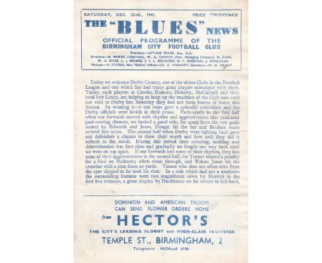 BIRMINGHAM   Programme Birmingham City v Derby County, 22 Dec 1945, 4 page. Light fold.    Generally good