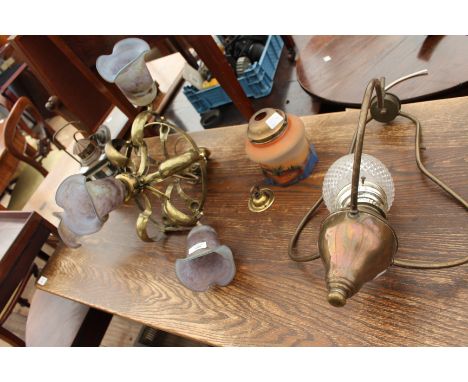 A FOUR LIGHT HANGING BRASS LIGHT FITTING a GWR copper lantern, a further light fitting and a light shade 