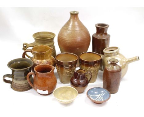 A SMALL QUANTITY OF STUDIO POTTERY together with 19th century pottery and stone ware items to include an ash glazed bottle in