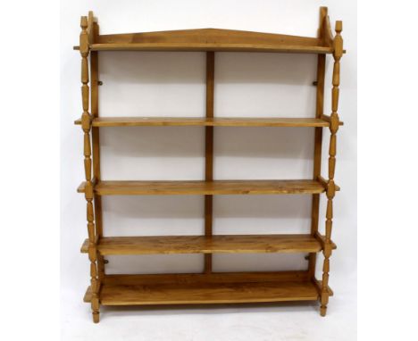 A MODERN LIGHT OAK FIVE TIER WALL SHELF, 120cm wide x 142cm in height