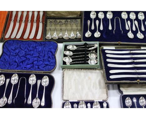 A QUANTITY OF CASED SILVER FLATWARE 