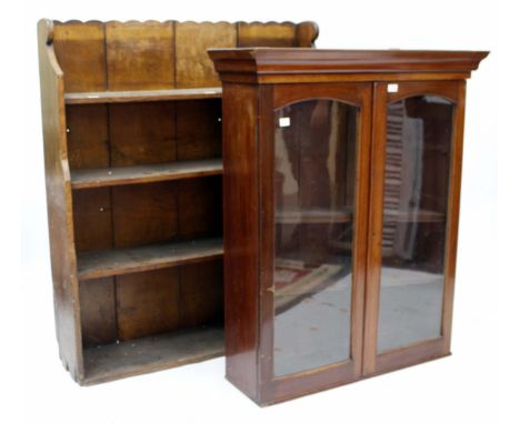 A MAHOGANY DISPLAY CABINET with canted cornice and fielded panel glazed doors, 114cm x 94cm x 31cm and an oak open waterfall 