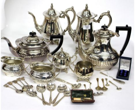 A SELECTION OF SILVER PLATED VICTORIAN STYLE TEAPOTS milk jugs, sugar bowls etc. and a selection of silver plated spoons with