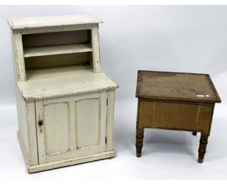 A VICTORIAN WHITE PAINTED CUPBOARD which measures 55cm x 83cm x 48cm and a painted Regency commode which measures 45cm x 50cm