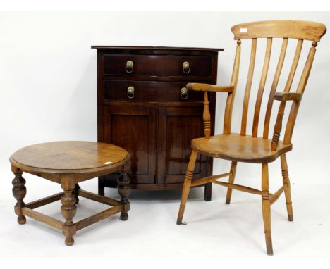 A MAHOGANY BOW FRONTED SIDE CABINET with two drawers over two panelled doors, 76cm wide together with a low oak circular occa