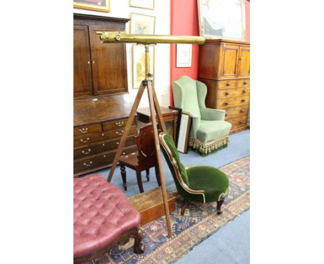 AN A. CLARKSON & CO, LTD BRASS TELESCOPE 112cm in length within a fitted pine box and including a tripod