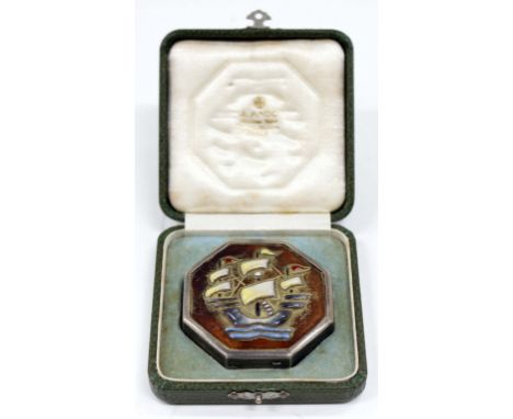 A JAPANESE SILVER AND ENAMEL COMPACT circa 1920/30, the cover decorated with a galleon, in original lined case marked J. Ando