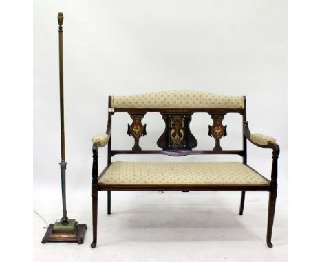 AN EDWARDIAN TWO SEATER CHAIR BACK SOFA with decorative stringing and inlay, 109cm wide together with an old lamp standard, 1