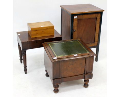 AN EDWARDIAN SATIN WALNUT POT CUPBOARD, a Victorian converted commode, one other and a work box