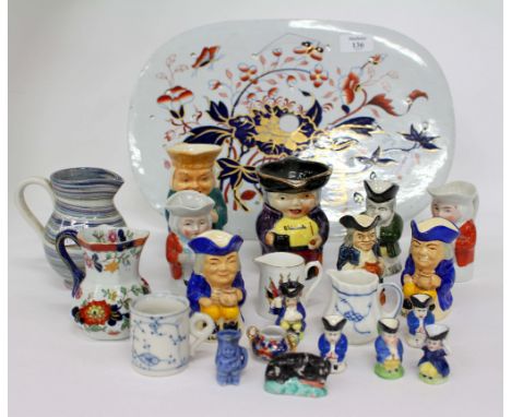 A SELECTION OF 20TH CENTURY STAFFORDSHIRE Toby and character jugs and two blue and white porcelain miniature tankard and jug,