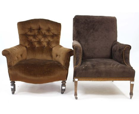 TWO EDWARDIAN UPHOLSTERED CHAIRS including a button back chair on porcelain casters and an Edwardian line inlaid mahogany uph