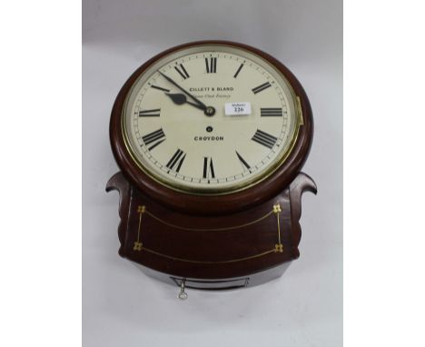 A MAHOGANY CASED DROP DIAL WALL CLOCK with fusing movement, with painted enamel face 40cm high 