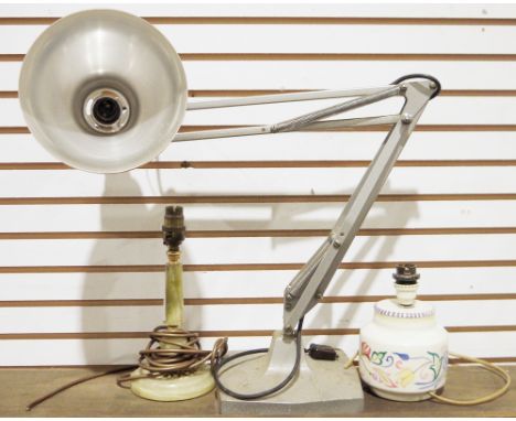 Anglepoise-style lamp, a brass and onyx table lamp&nbsp;and a Poole pottery ceramic lamp bearing floral design (3)&nbsp;