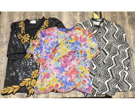 Assorted clothing and textiles&nbsp;to include a Frank Usher black sequinned blouse with gold foliate decoration, a Orvis bla