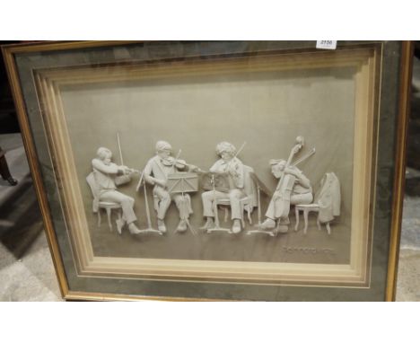 Print of musicians with 3D-effect, signed Reinhard 1976, 65cm x 83cm to include mount and frame&nbsp;