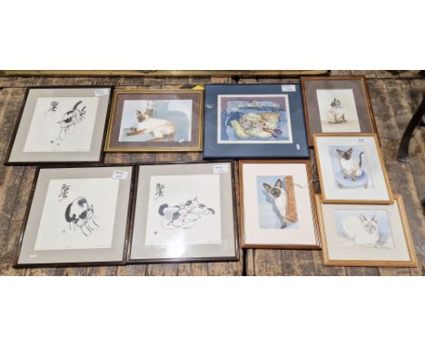 small quantity of watercolour drawings of various Siamese cats, signed Bridget Kelsey, all framed and glazed, a framed print 