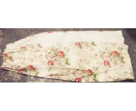 Two pairs of full-length lined and interlined curtains, pink and cream roses on a cream ground, 206cm drop and a pair of crea