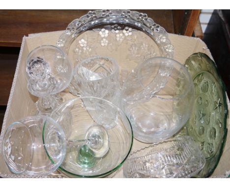 Assorted cut and moulded glass and other items to include a moulded glass serving dish with sealife and shell design, several