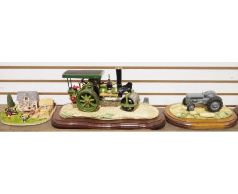 Danbury Mint ceramic model titled 'Threshing' and four ceramic models of agricultural vehicles, three being tractors and a st