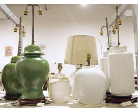 Two green ceramic lamps&nbsp;on wooden bases, both converted from lidded vases, two white ceramic cuboid lamps bearings chara