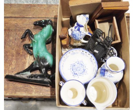 Blue Mountain pottery glazed terracotta model&nbsp;in the form of a rearing horse, a Portuguese blue and white ceramic footed