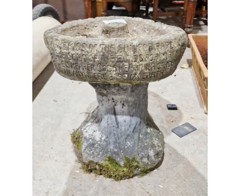 Bird bath/planter,&nbsp;with the reconstituted stone bowl on top of a small plinth in the form of a tree stump, the bowl insc