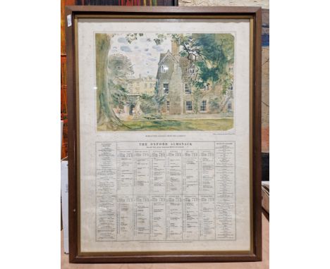 "The Oxford Almanac" for the year of our Lord God 1974, framed with a print by John Ward RA of Worcester College from the gar
