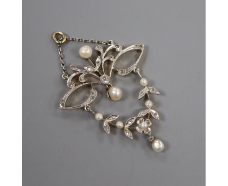 An Edwardian yellow metal, diamond and drop pearl openwork pendant, 42mm.