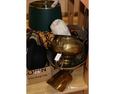 A brass hanging oil lamp, a table lamp and a coal scuttle