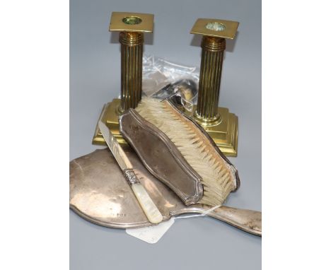 A horn and silver snuff mull, a silver box, a mirror and brush set, a pen set etc
