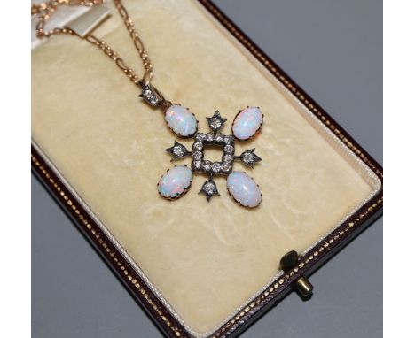 A late Victorian yellow and white metal, white opal and diamond set quatrefoil pendant, on a later yellow metal chain, with b