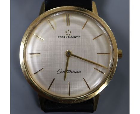 A gentleman's gold plated Eterna Matic Centenaire manual wind wrist watch, on later associated strap.