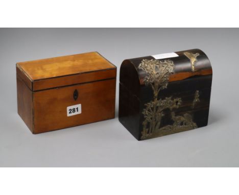 A coromandel box and a satinwood tea caddy tallest 15cm