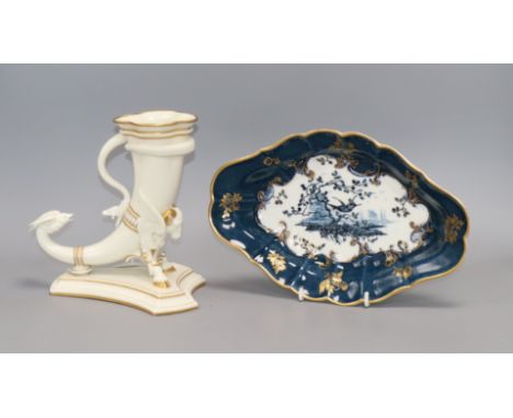A Worcester cream and gilt ram's headed cornucopia and a Worcester blue and gilt dish tallest 19cm