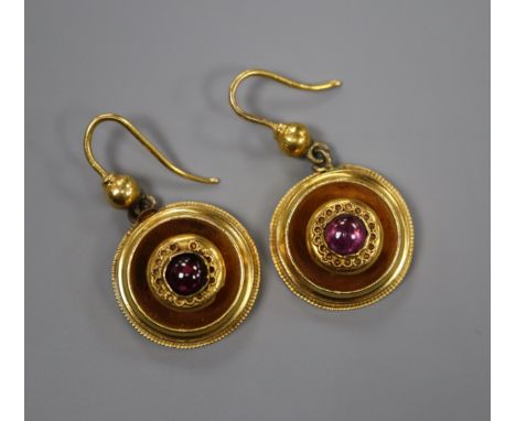 A pair of Victorian yellow metal and cabochon amethyst target earrings.
