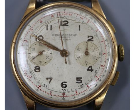 A gentleman's 1950's? Swiss 18k yellow metal chronograph wrist watch, no strap.