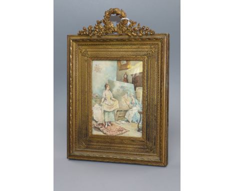 French School circa 1900, oil on ivory, Studio interior with lady artist and model, 13 x 9cm. ornate ormolu frame