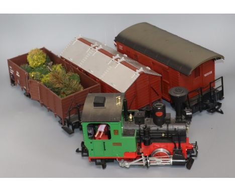 An LGB 0-4-0 steam locomotive 2774, G Gauge, together with track, transformer, two carriages, etc.