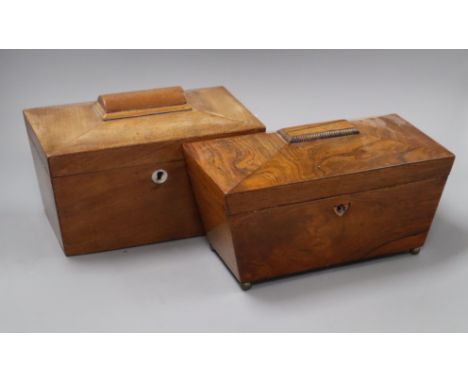 A mahogany tea caddy and a similar rosewood caddy