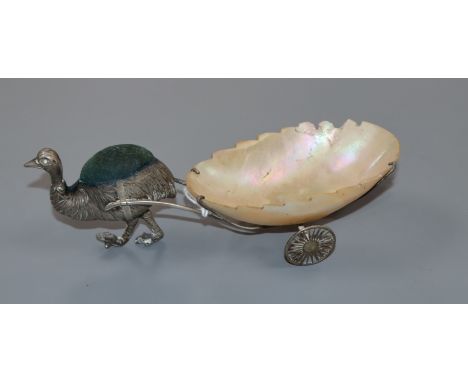 An Edwardian novelty silver pin cushion, modelled as an emu pulling a mother of pearl cart, Adie &amp; Lovekin, Birmingham, 1