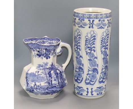 A Mason's blue and white wash jug, an umbrella stand and another small item